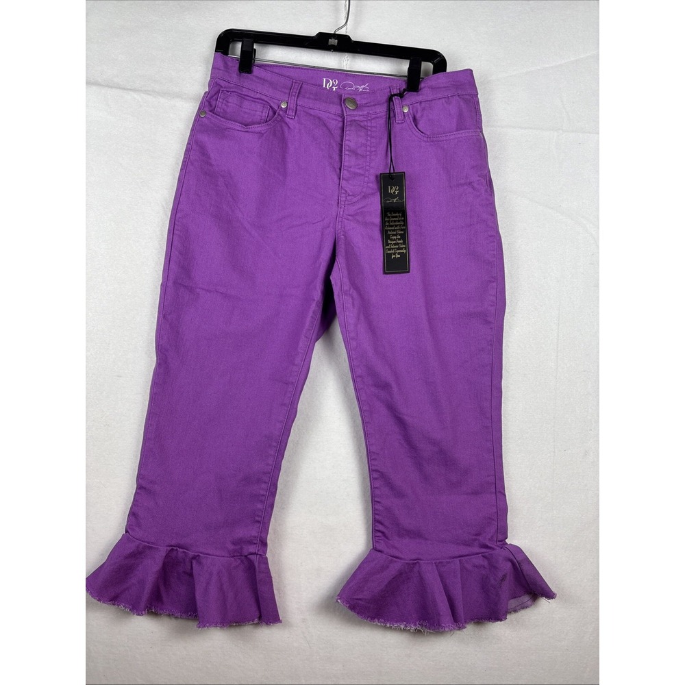 DG2 Diane Gilman Wide-Leg Curved Ruffle Raw-Hem Cropped Jean -PURPLE SZ 12P